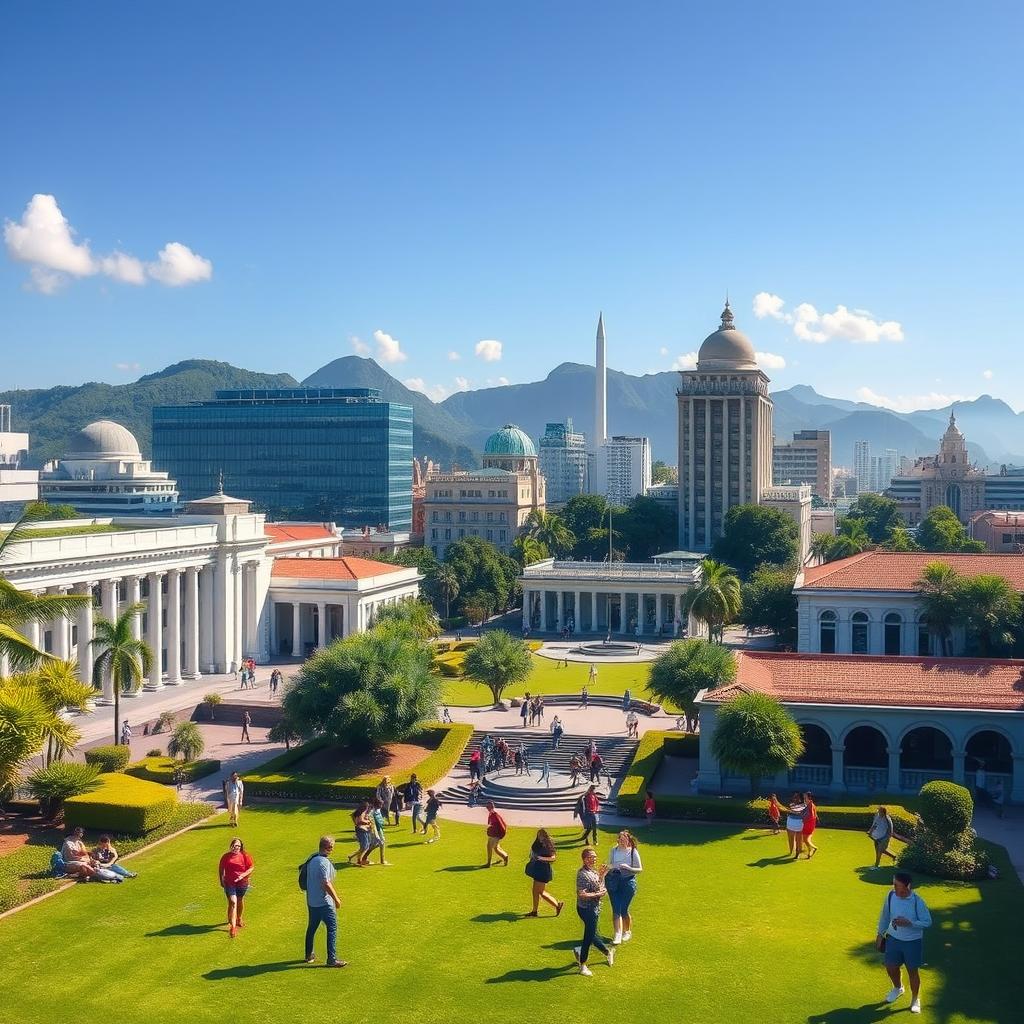 A vibrant depiction of the Universidade do Estado do Rio de Janeiro campus, showcasing its unique architectural styles and dynamic student life