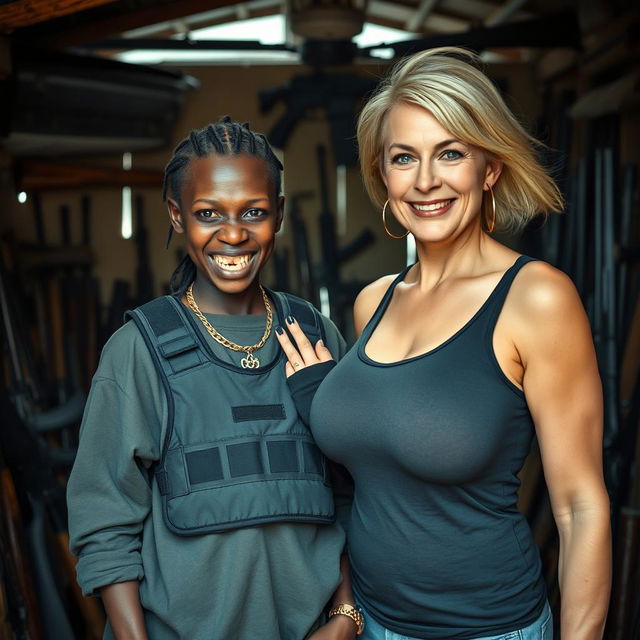 Inside a dimly lit shack filled with various weapons, a fierce-looking young Black African woman stands defiantly