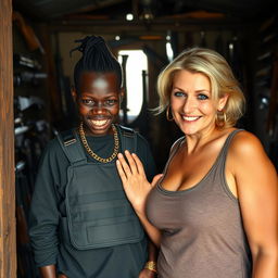 Inside a dimly lit shack filled with various weapons, a fierce-looking young Black African woman stands defiantly