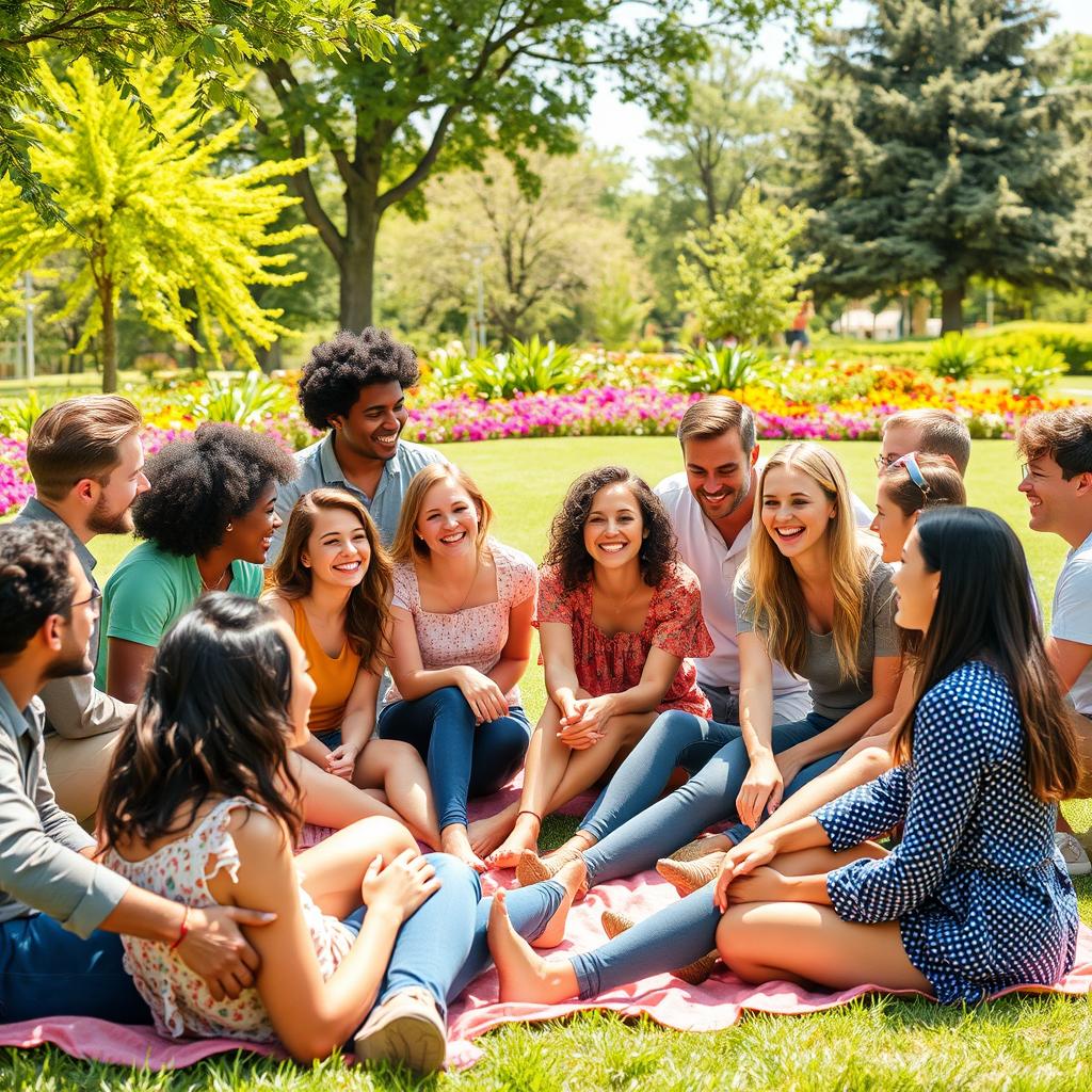 A lively gathering of diverse individuals from various backgrounds, engaging in a friendly discussion outdoors