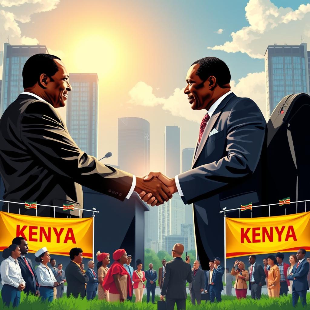 A powerful image depicting the essence of economic unity and collaboration in Kenya, featuring President William Ruto and Raila Odinga engaged in a handshake