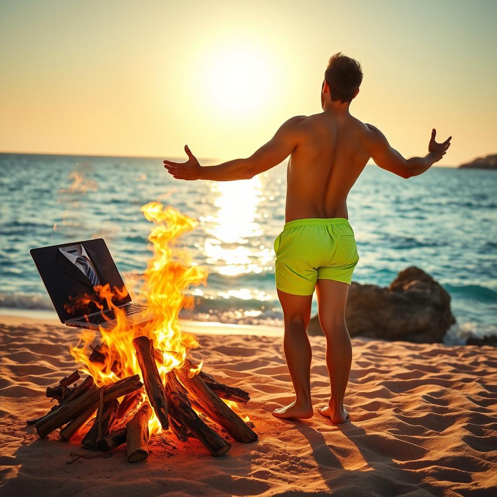 On the left side of the image, a big bonfire burns intensely on a Mediterranean beach, consuming a smashed laptop, a wrinkled curled-up business suit with a white shirt and a blue tie burning inside the bonfire