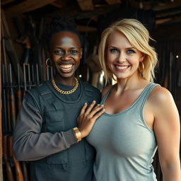 Inside a dimly lit shack filled with an assortment of weapons, a fierce-looking young Black African woman stands at 25 years old