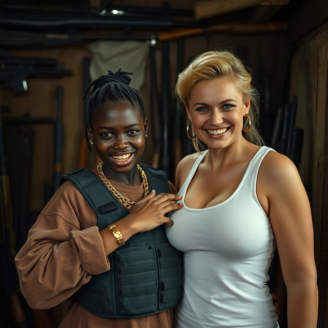 Inside a dimly lit shack filled with an assortment of weapons, a fierce-looking young Black African woman stands at 25 years old