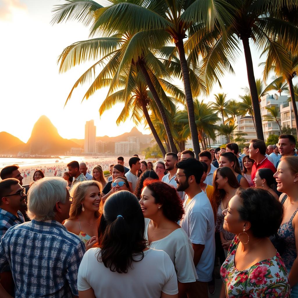 A dynamic scene of a diverse group of people gathered in a vibrant outdoor setting in Rio de Janeiro
