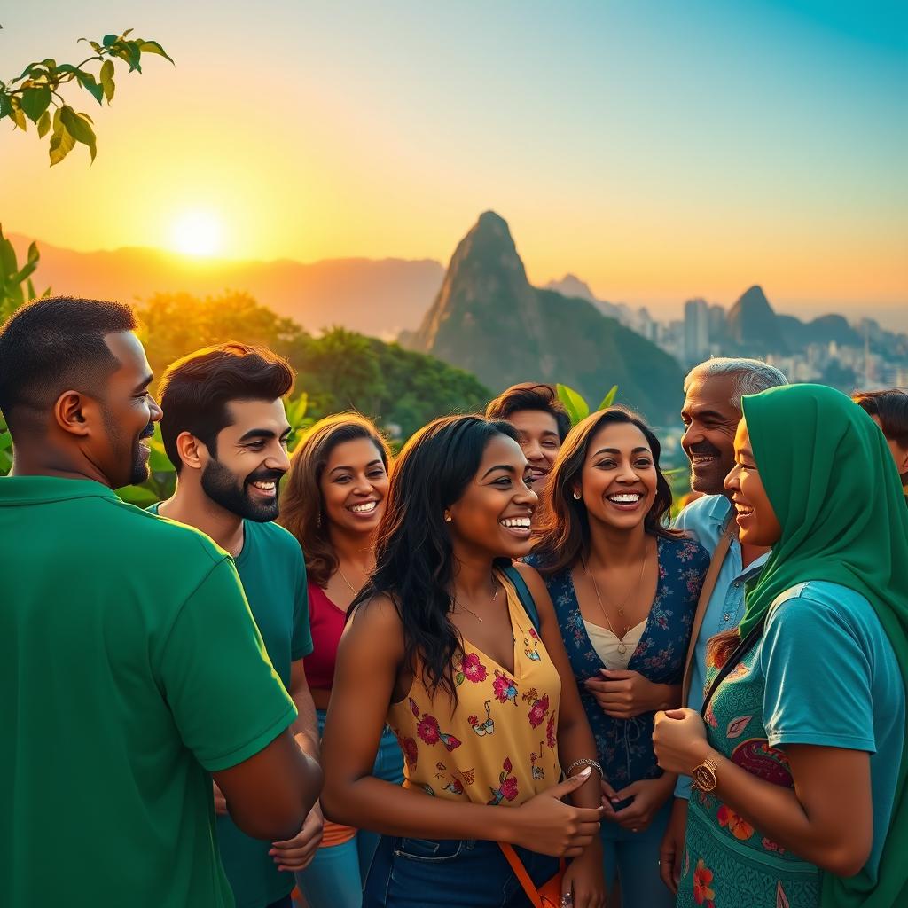 A vibrant scene depicting a diverse group of people of various races and ethnicities gathered in Rio de Janeiro