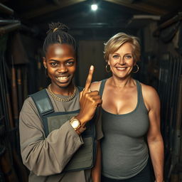 Inside a dimly lit shack filled with various weapons, a fierce-looking young Black African woman stands defiantly