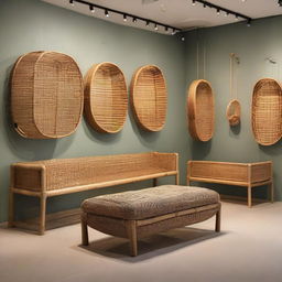 Incorporate several benches made from rattan and bamboo into the gallery-like store, enhancing the natural, earthy atmosphere filled with artisanal pieces.