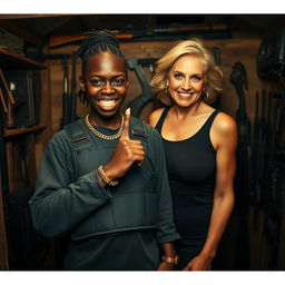 Inside a dimly lit shack filled with various weapons, a fierce-looking young Black African woman stands defiantly