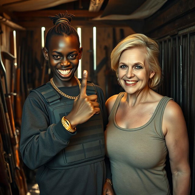 Inside a dimly lit shack filled with various weapons, a fierce-looking young Black African woman stands defiantly