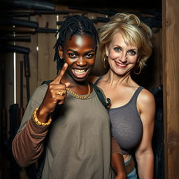 Inside a dimly lit shack filled with various weapons, a fierce-looking young Black African woman stands defiantly