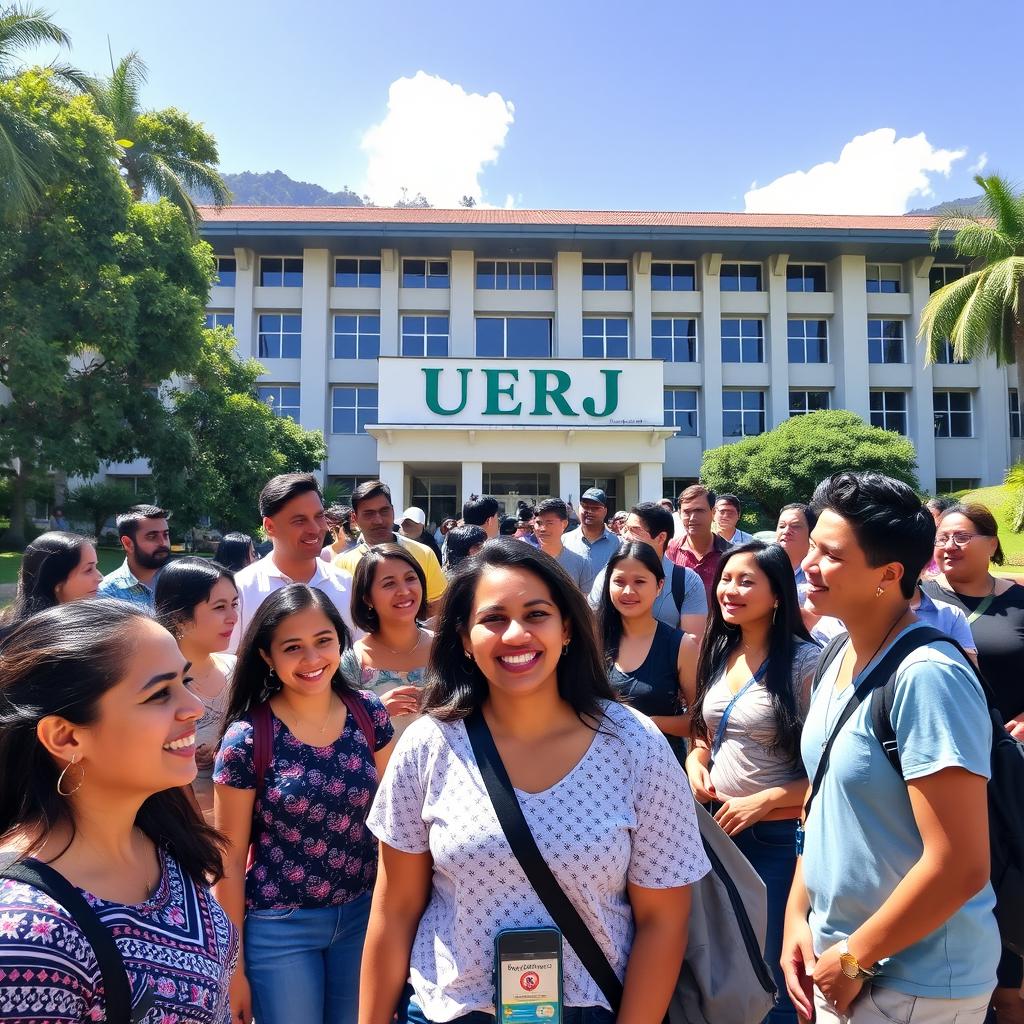 A lively scene featuring a diverse group of Brazilian individuals gathered in front of the Universidade do Estado do Rio de Janeiro (UERJ)