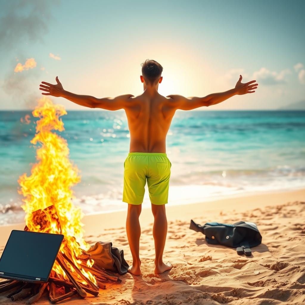 On the left side of the image, a big bonfire burns intensely on a Mediterranean beach, consuming a smashed laptop and a wrinkled curled up business suit with a white shirt and a blue tie, everything engulfed in flames