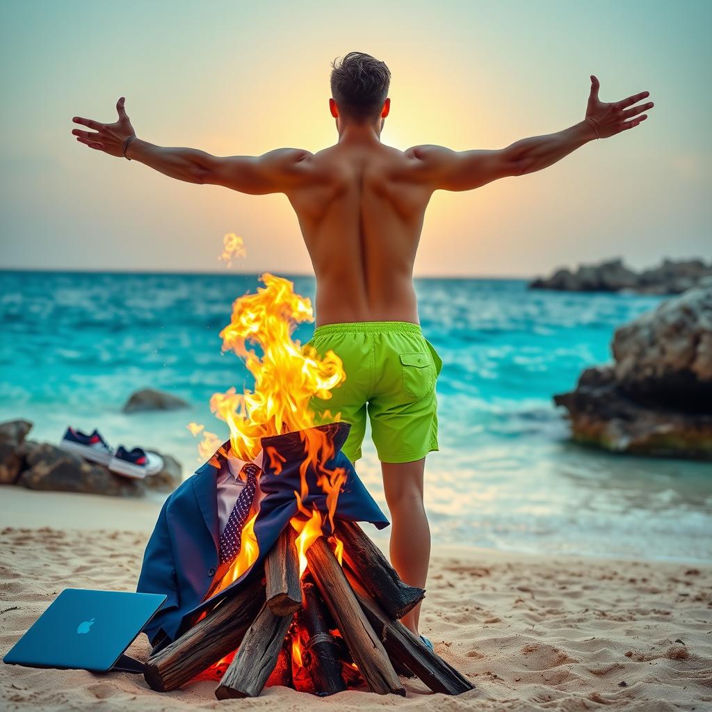 On the left side of the image, a bonfire on a Mediterranean beach burns intensely, consuming a blue business suit, a dress shirt, a tie, and a laptop
