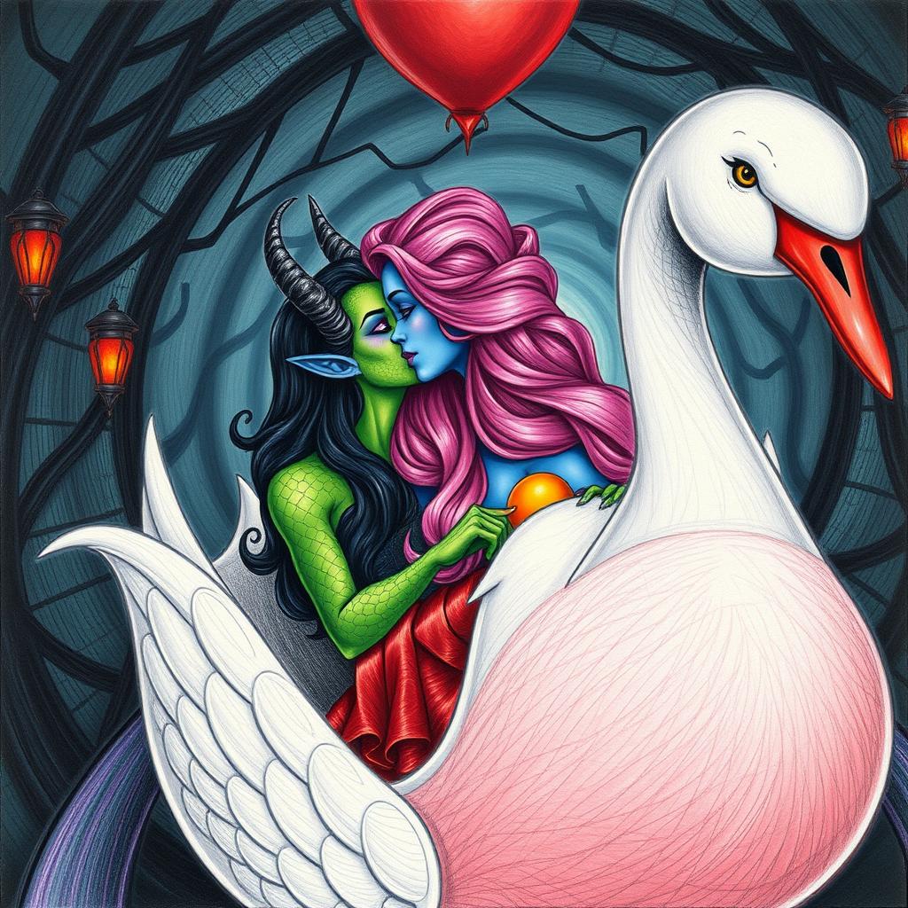 A woman with serpentine features and green scaly skin, adorned with a vibrant full head of long pink hair and wearing striking purple lipstick, is passionately kissing a blue tiefling woman