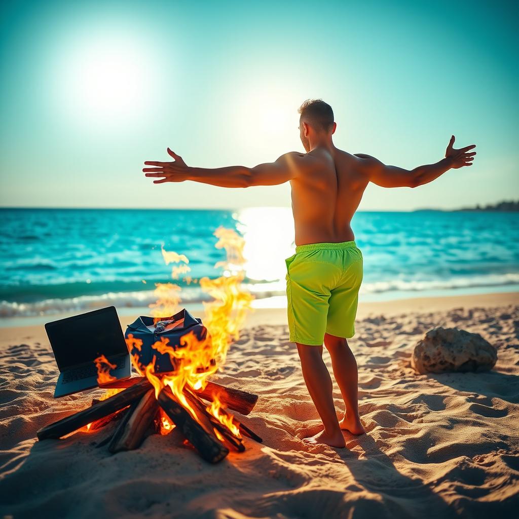 On the left side of the image, a bonfire on a Mediterranean beach burns intensely, consuming a laptop, a blue business suit, a dress shirt, and a tie