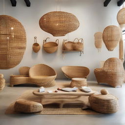 Incorporate several benches made from rattan and bamboo into the gallery-like store, enhancing the natural, earthy atmosphere filled with artisanal pieces.