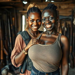 In a rundown shack filled with weapons, a young Black African woman, 25 years old, stands prominently