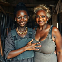 In a rundown shack filled with weapons, a young Black African woman, 25 years old, stands prominently