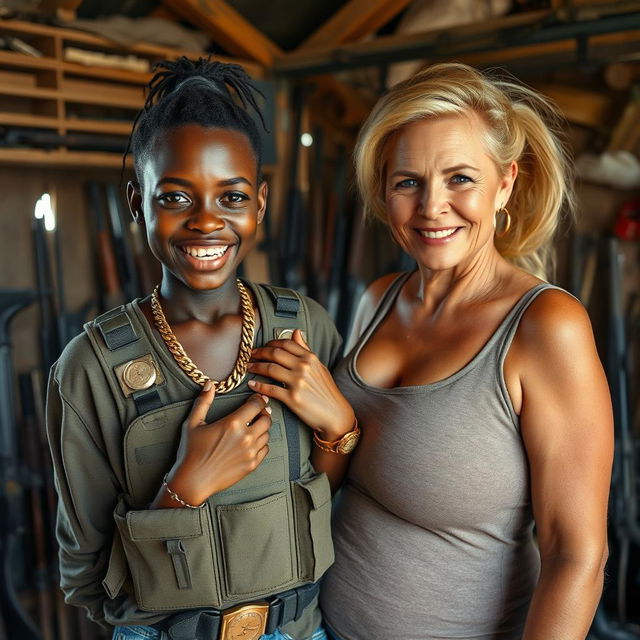 In a rundown shack filled with weapons, a young Black African woman, 25 years old, stands prominently