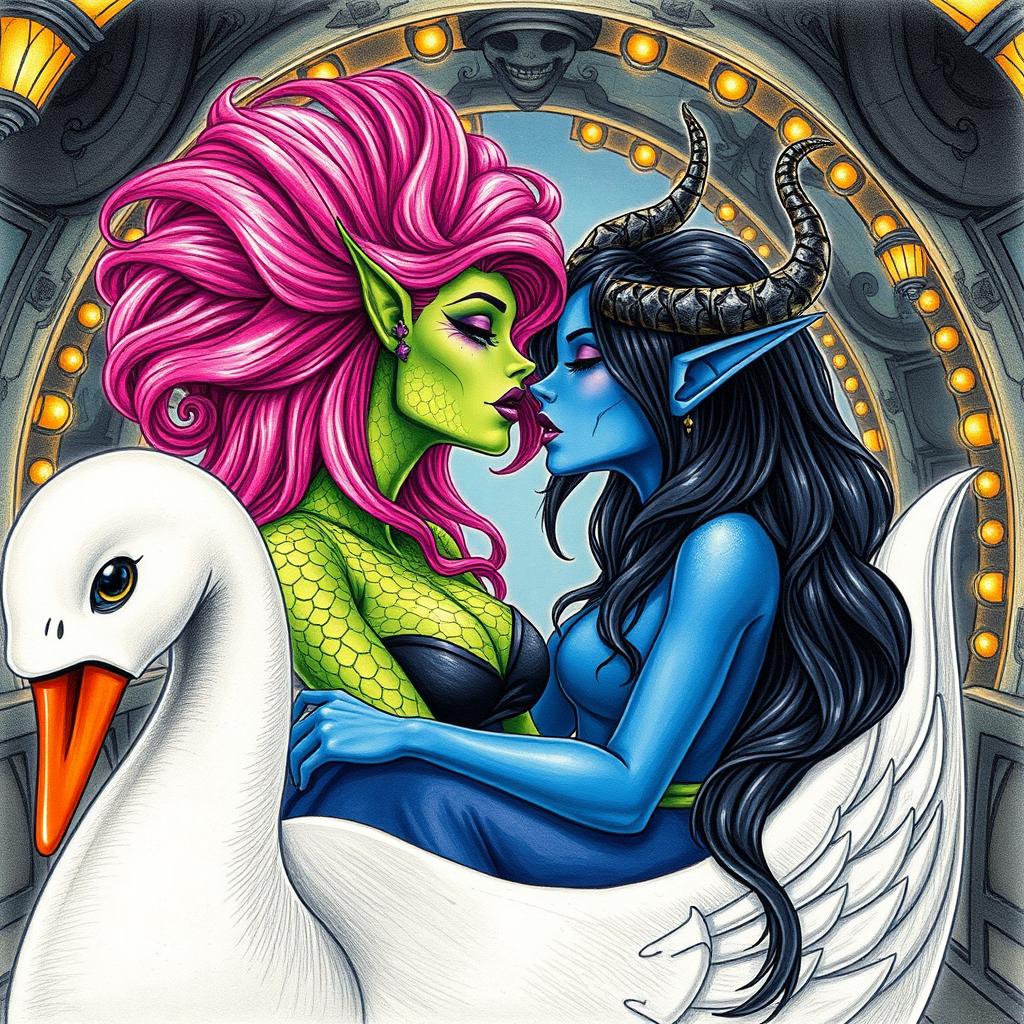 A stunning illustration of a woman with serpentine features and green scaly skin, sporting a full head of long vibrant pink hair and purple lipstick, passionately kissing a blue tiefling woman with elegantly curved horns on her head and long wavy black hair