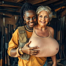 In a rundown shack filled with weapons, a young Black African woman, 25 years old, stands prominently