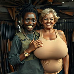 In a rundown shack filled with weapons, a young Black African woman, 25 years old, stands prominently