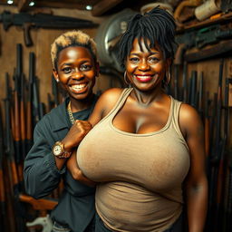 In a rundown shack filled with weapons, a young Black African woman, 25 years old, stands prominently