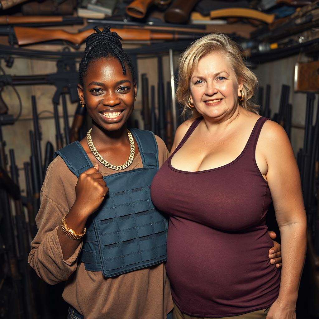 In a rundown shack filled with weapons, a young Black African woman, 25 years old, stands out