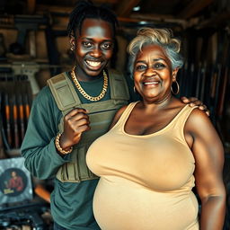 In a rundown shack filled with weapons, a young Black African woman, 25 years old, stands out