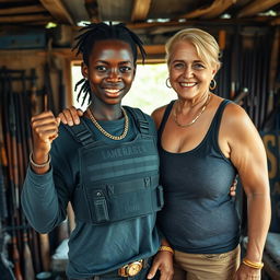 In a rundown shack filled with weapons, a young Black African woman, 25 years old, stands out