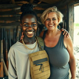 In a rundown shack filled with weapons, a young Black African woman, 25 years old, stands out