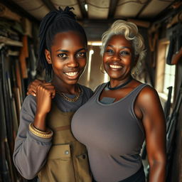 Inside a rundown shack filled with weapons, a young Black African woman, 25 years old, appears formidable yet vulnerable