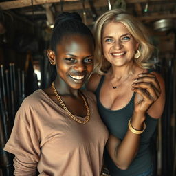 Inside a rundown shack filled with weapons, a young Black African woman, 25 years old, appears formidable yet vulnerable