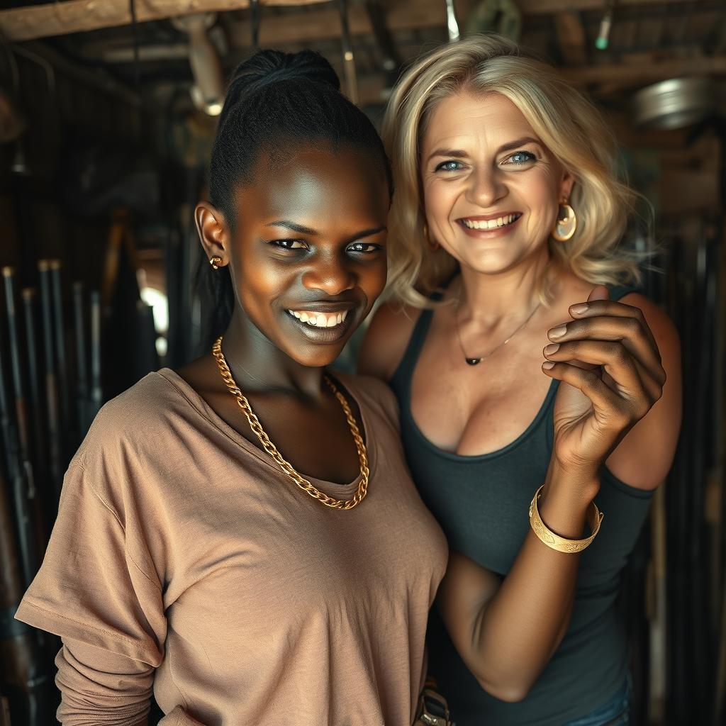Inside a rundown shack filled with weapons, a young Black African woman, 25 years old, appears formidable yet vulnerable