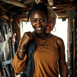 Inside a rundown shack filled with weapons, a young Black African woman, 25 years old, appears formidable yet vulnerable