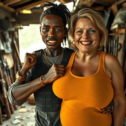 Inside a rundown shack filled with weapons, a young Black African woman, 25 years old, appears formidable yet vulnerable