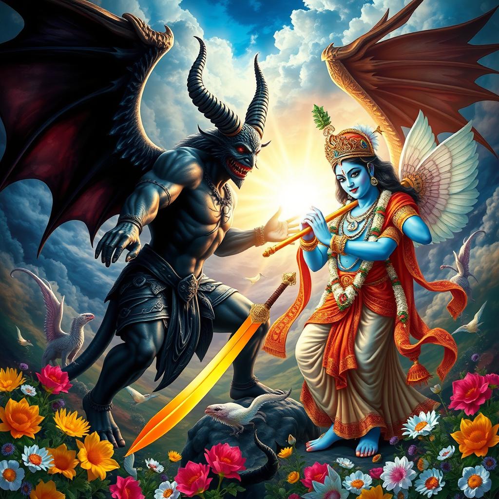 A stunning and dynamic scene depicting a battle between Satan and Krishna in a vibrant and fantastical landscape