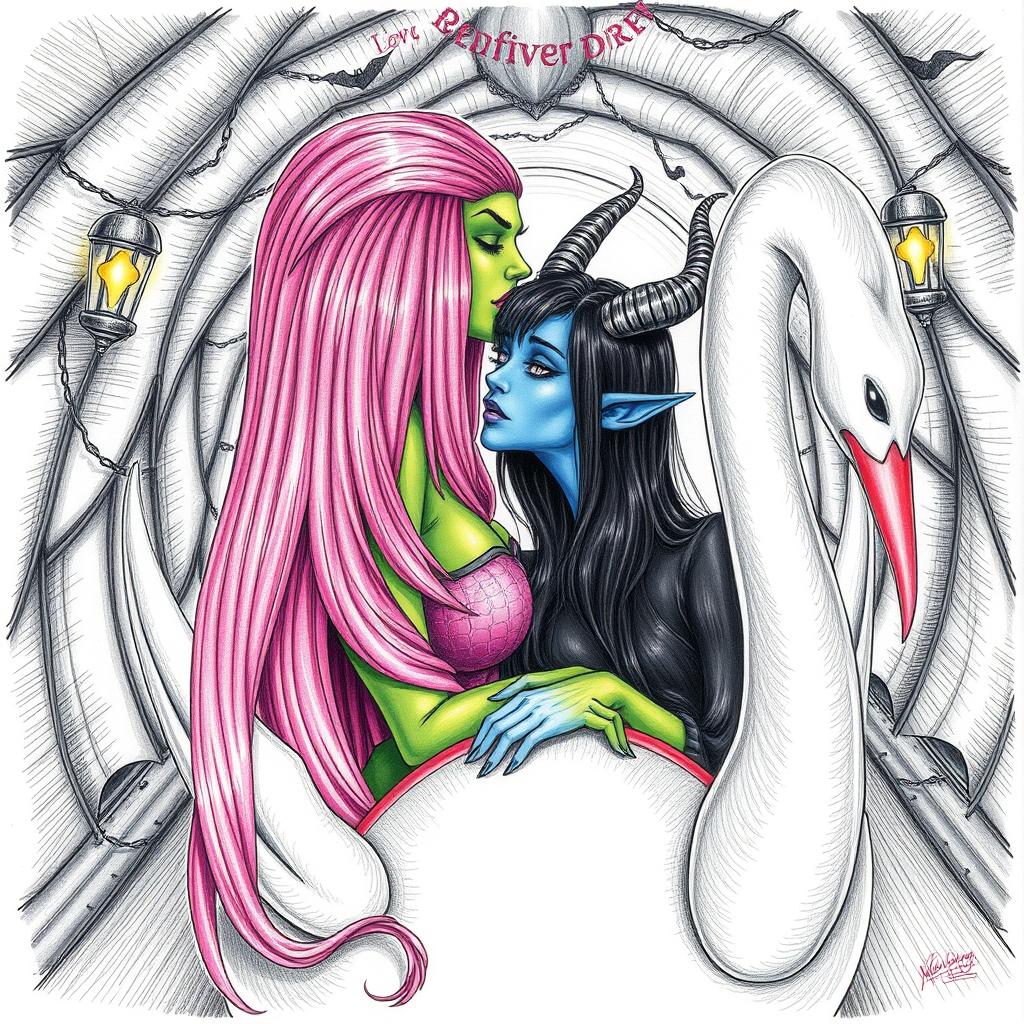 A woman with serpentine features and green scaly skin, sporting a full head of long, straight, vibrant pink hair and purple lipstick, is captured mid-kiss with a blue tiefling woman