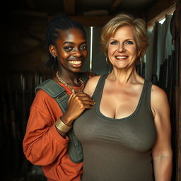 Inside a decrepit shack filled with weapons, a young Black African woman, 25 years old, presents an intriguing contrast