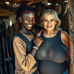 Inside a decrepit shack filled with weapons, a young Black African woman, 25 years old, presents an intriguing contrast