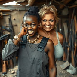 Inside a decrepit shack filled with weapons, a young Black African woman, 25 years old, captivates the scene with her fierce energy