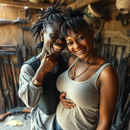 Inside a decrepit shack filled with weapons, a young Black African woman, 25 years old, captivates the scene with her fierce energy