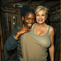 Inside a decrepit shack filled with weapons, a young Black African woman, 25 years old, captivates the scene with her fierce energy