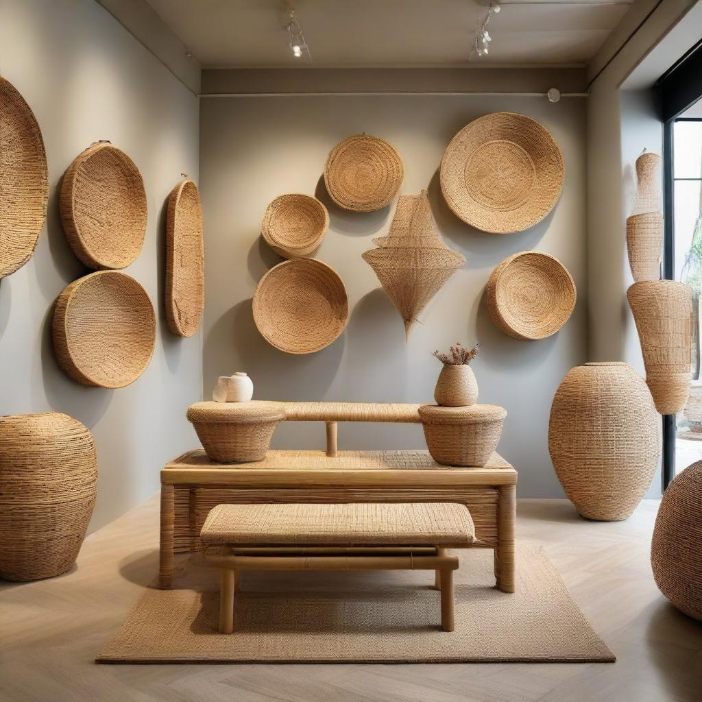 Incorporate several benches made from rattan and bamboo into the gallery-like store, enhancing the natural, earthy atmosphere filled with artisanal pieces.