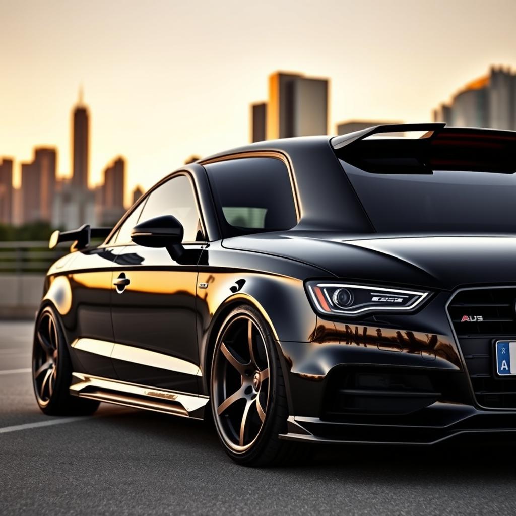A realistic black Audi A3, showcasing customized features such as unique alloy wheels, a sleek body kit, tinted windows, and sporty accents
