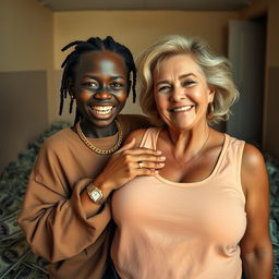 Inside a basic room filled with piles of dollars, a young Black African woman, 25 years old, stands out with her intense presence