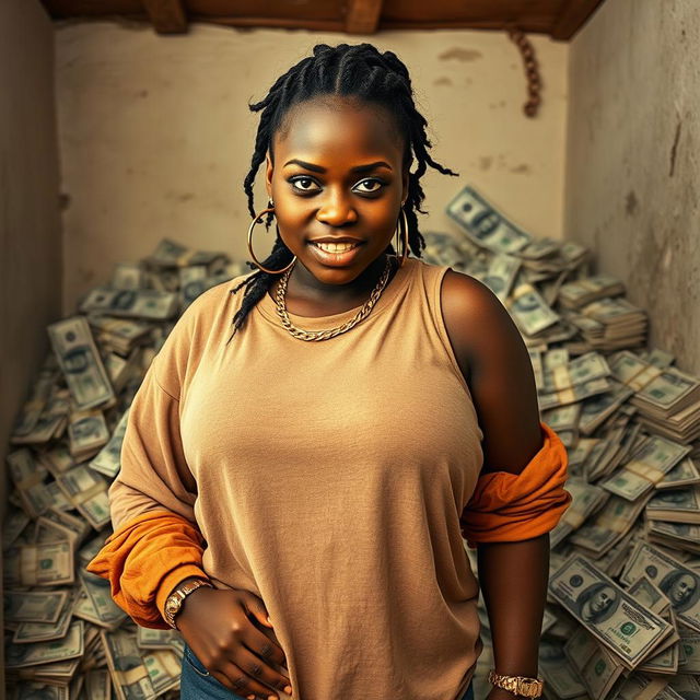 Inside a basic room filled with piles of dollars, a young Black African woman, 25 years old, stands out with her intense presence