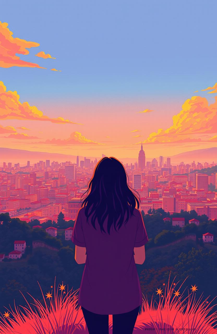 A woman standing with her back facing the viewer, on a hill overlooking a cityscape filled with buildings