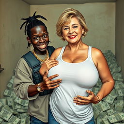 Inside a basic room overflowing with bundles of dollars, a young Black African woman, 25 years old, stands assertively